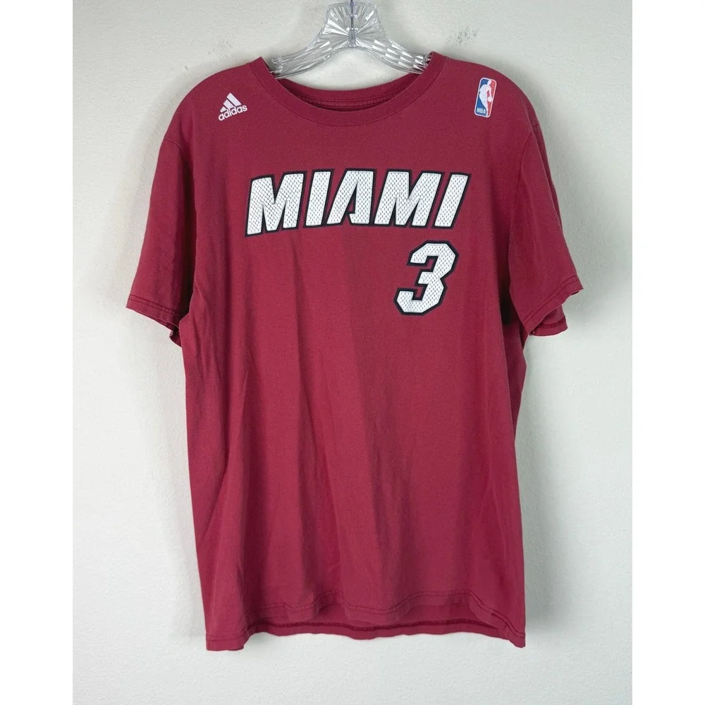 Adidas T-Shirt Mens L Miami Heat Dwyane Wade 3 Go-To Tee Red NBA Basketball